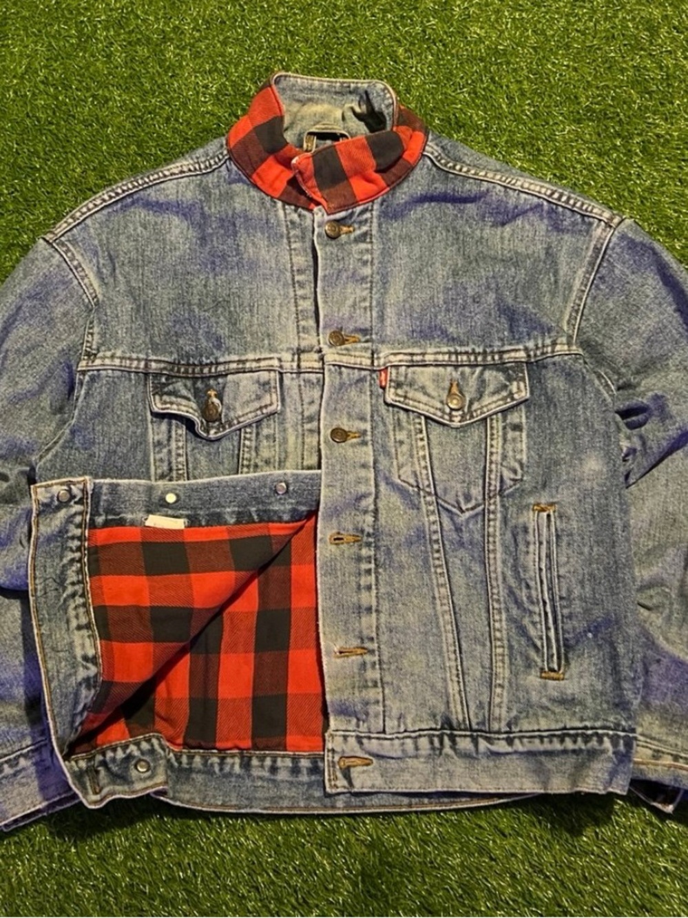 Levi's Blue Denim Jacket with Red & Black Plaid Lining